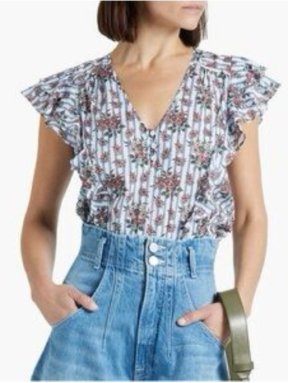 Veronica Beard Joi White Floral-Striped V-Neck Flutter Sleeve Top